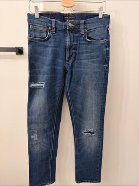 Nudie Jeans Slim Straight Distressed Blue Denim